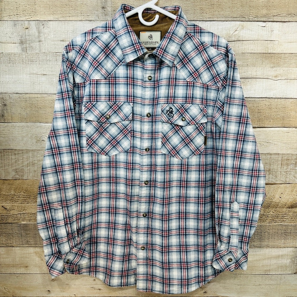 Legendary Whitetails Mens Large Red Blue White‎ Plaid Snap Button Western Shirt